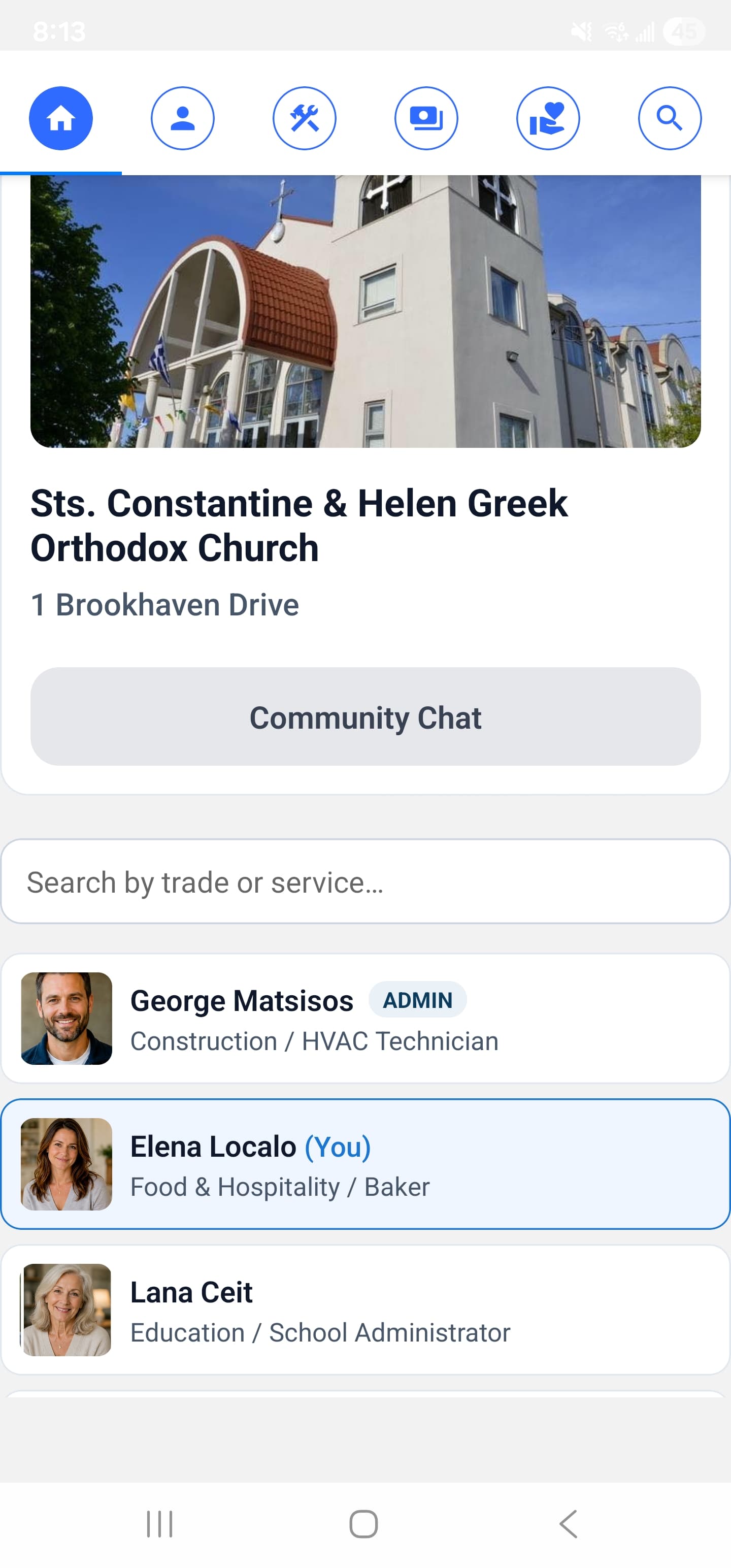 ChurchTrades app members screen showing a church member directory