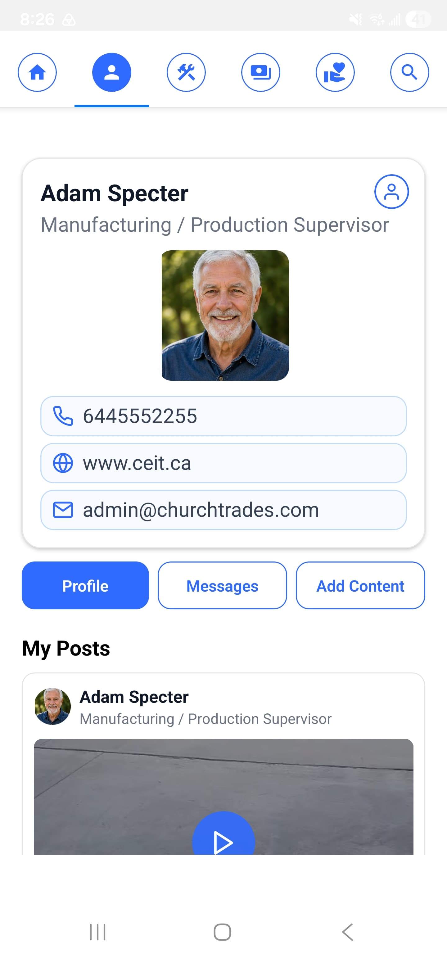 ChurchTrades app profile screen showing member details
