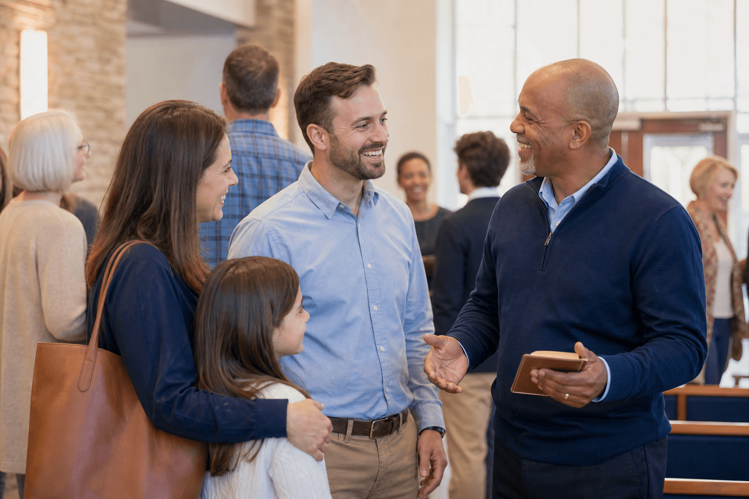 Smiling church community members gathering and talking together