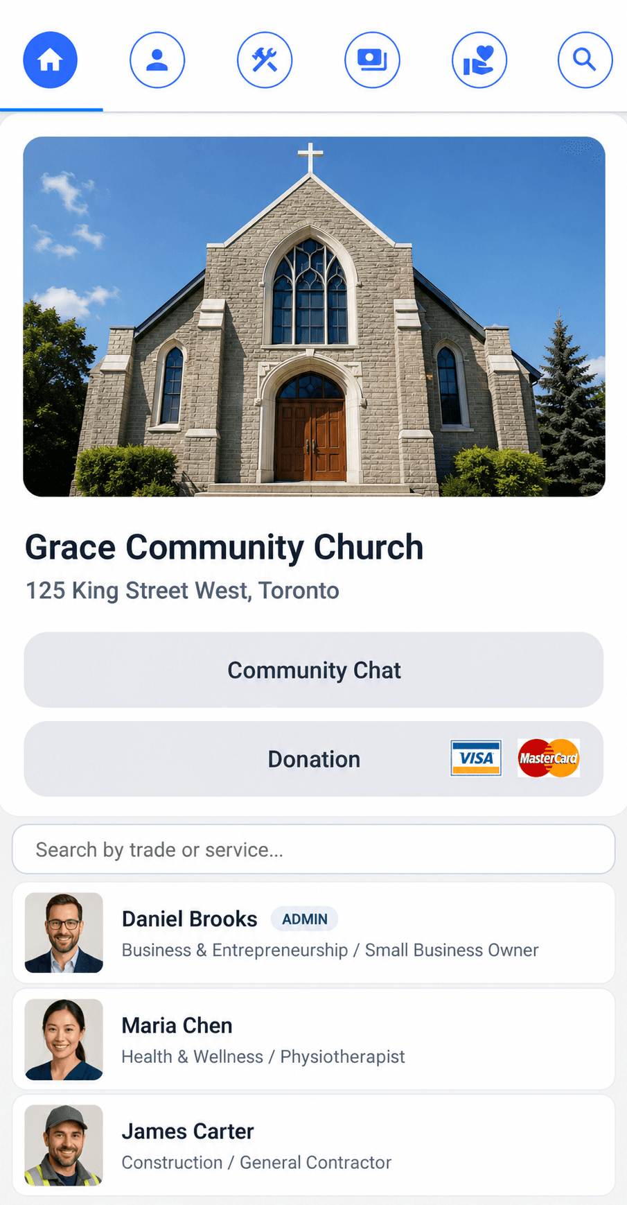 ChurchTrades Members screen preview